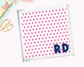 Lucite Acrylic Tray, Preppy Watercolor Pink Hearts, Initials in Shadow Text, Choose Colors, Catchall, Preppy Room Decor, College Dorm Decor