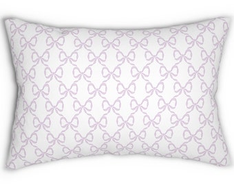 Preppy Bow Pillow with insert , 14" X 20", Lavender and White watercolor Bows, Bedroom, Living Room Loveshack inspired, Lilac, Purple