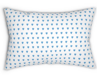 Preppy Blue Hearts Pillow with insert , 14" X 20", Blue and White watercolor hearts, Preppy Dorm, Bedroom, Living Room Loveshack inspired