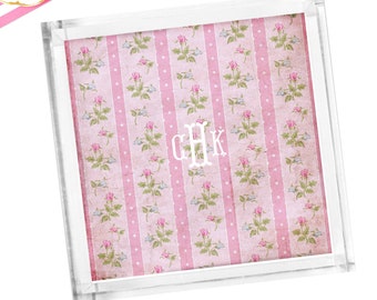 Lucite Acrylic Tray, Hostess Gift Toile Preppy Ditsy Floral Pattern w/ Monogram or Name, Outdoor entertaining, Preppy Girl Room Dorm Decor