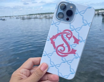 Monogrammed Phone Case Bow Print, Blue and White Toile Phone Case I Custom Initial iPhone 15 14  12 Pro Max, Coquette