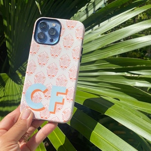 Monogram Case Personalized Custom Initial iPhone 15, 14, 13 Pro Max Plus 12, Preppy Boho Chic Block Print with Shadow Initials as shown