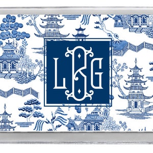 Lucite Acrylic Tray, Hostess Gift Toile Blue and White Chinoiserie Pattern w/ Monogram or Name, Outdoor entertaining, Preppy Kitchen Decor