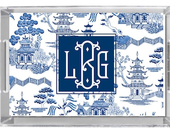 Lucite Acrylic Tray, Hostess Gift Toile Blue and White Chinoiserie Pattern w/ Monogram or Name, Outdoor entertaining, Preppy Kitchen Decor