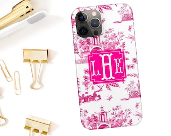 Monogram Case Personalized Chinoiserie Pink White Toile I Custom Initial iPhone 17, 16, 15,  14 13 12 Pro Max Mini 11 Pro Max