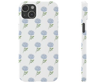 Hydrangea flower, blue and white, preppy print Phone Case Slim and Sleek, all iPhone 15 14 Plus Pro Max 13, Samsung, Also avail w/ Initials