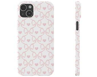 Bow  Heart Print, Coquette pale pink and white, loveshackfancy inspired, preppy print Phone Case Slim, all iPhone 15 14 Plus Pro Max 13