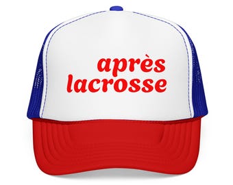 après lacrosse Foam Trucker Hat | retro script, red blue white mesh