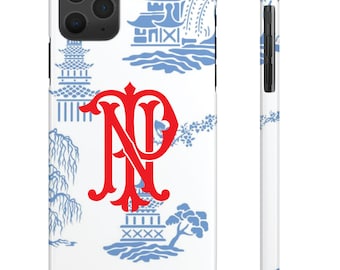 Monogrammed Phone Case Chinoiserie, Blue and White Toile Mag Safe optional, Custom Initial iPhone 17, 16 15 14  12 Pro Max