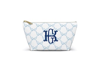 Monogram Cosmetic Bag: Preppy Blue Bow Pattern, Laminated Canvas Interior