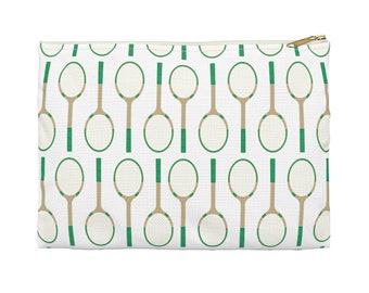 Vintage Tennis Racket Racquet Pattern in Green - Accessory Pouch Available in Two Sizes - White canvas laminated interior