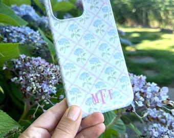 Monogram Case Personalized Blue Hydrangea Pink LatticePreppy Phone Case, Custom Initial iPhone 17 16 15 Pro Max Chinoiserie Chic