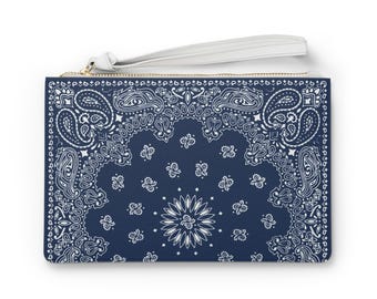 Vegan Leather Navy Paisley Bandana Clutch | Wristlet Bag