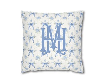 Blue Floral Throw Pillow: Preppy Bow Pattern, Monogram Option