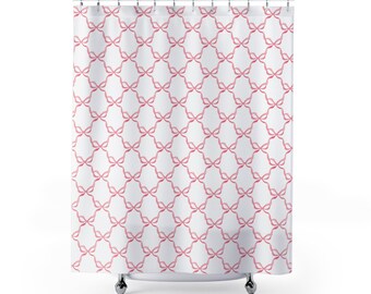 Shower Curtain, Pink Bow Pattern, Watercolor Preppy Pattern, Loveshackfancy inspired