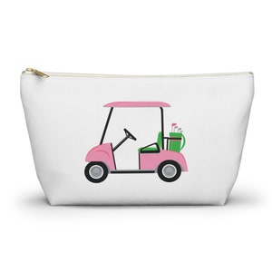 Golf Cart - Accessory Zip Pouch Available in Two Sizes - White Canvas, gold zipper Golf lover gift, Golf team gift