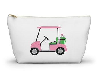 Golf Cart - Accessory Zip Pouch Available in Two Sizes - White Canvas, gold zipper Golf lover gift, Golf team gift