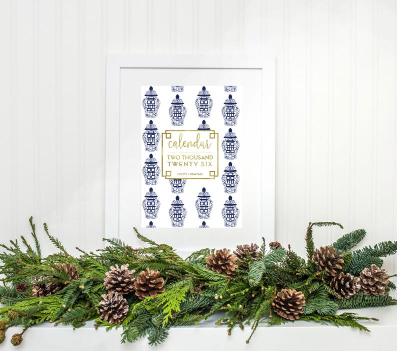 2026 Desk Calendar, 12 month calendar, Toile Blue & White, Chinoiserie, 5x7 Size printed on card stock , New design each month, Preppy Home zdjęcie 1