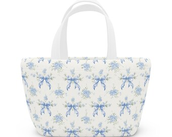 Preppy Floral Bow Pattern, insulated, cooler bag, One size, washable, magnet closure, blue and white