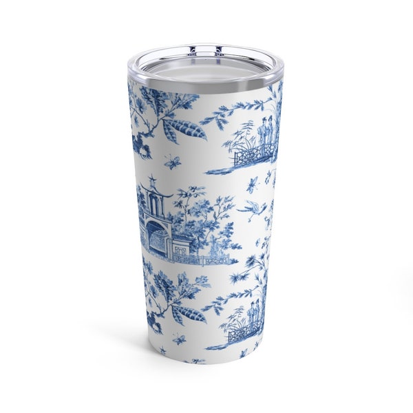 Chinoiserie Chic Blue and White Toile Tumbler Drink stays cool 20oz Loveshackfancy Inspired. This is not a decal, art printed on cup.