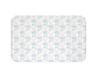 Preppy Chinoiserie Blue Hydrangea with Pink Bows, Plush White, Available in Two Sizes, Standard & Large,  anti-slip back