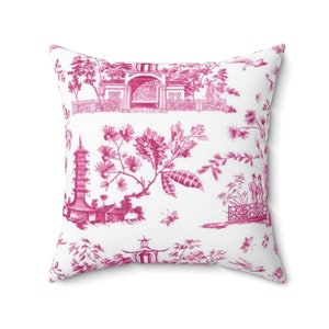Pillow Cover, Hot Pink Toile Chinoiserie with Zip Closure - Cover Only - Insert not included - teen, tween, dorm room, Preppy Pagoda