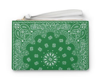 Vegan Leather Green Paisley Bandana Clutch | Wristlet Bag