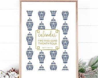 2024 Desk Calendar, 12 month calendar, Toile Blue & White, Chinoiserie, 5x7 Size printed on card stock , New design each month, Preppy