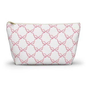 Preppy Watercolor Pink Bows - Accessory Zip Pouch Available in Two Sizes - White canvas laminated interior