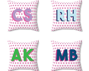 Preppy Hearts Hot Pink Pillow cover only - choose monogram color,  Zip Closure - Insert not included - teen, college university dorm room