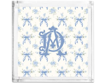 Monogrammed Acrylic Tray: Blue Floral Bows, Personalized Dorm Decor