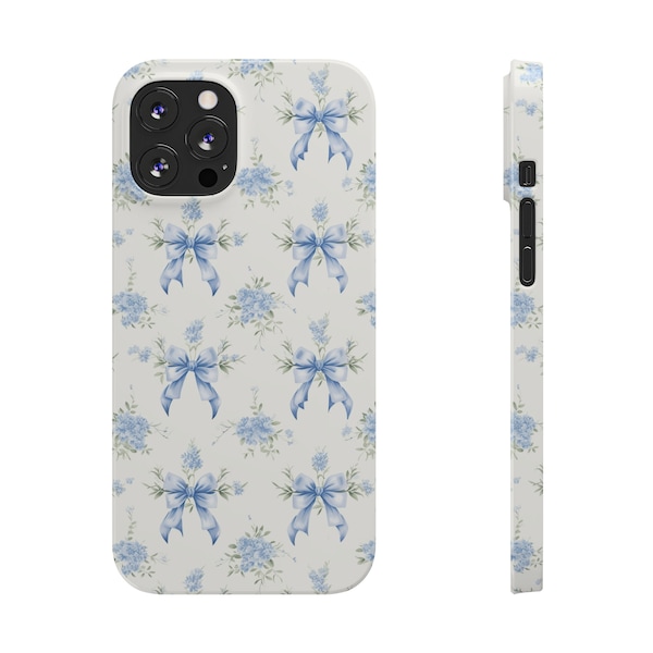 Preppy Romantic Floral Loveshack inspired, blue bows Phone Case Slim and Sleek, Impact Resistant Shell, all iPhone Models 15, 14 Pro Max 13