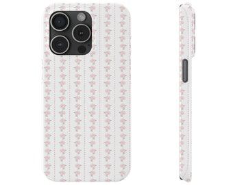 Preppy Floral Phone Case, loveshackfancy inspired, romantic, with dot stripes pink, Slim, all iPhone 15 14 Plus Pro Max