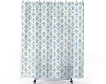 Rideau de douche à motifs floraux bleus et verts | Rideau de salle de bain style cottagecore à motifs botaniques pour résidence étudiante