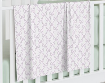 Baby Swaddle Blanket in watercolor bow print pattern - lavender, lilac, soft purple and white for boys or girls