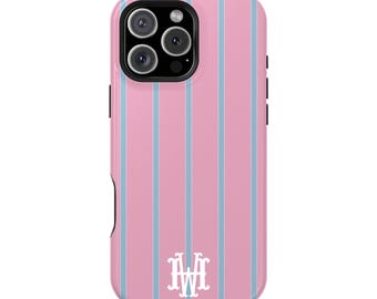Monogram Case Personalized Pink Blue Oxford Shirting Stripes Preppy Phone Case, Custom Initial iPhone 17 16 15 Pro Max