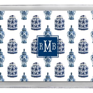 Lucite Acrylic Tray, Ginger Jar Toile Vase Blue and White Chinoiserie Pattern, Monogram or Name, Outdoor entertaining, Preppy Kitchen Decor
