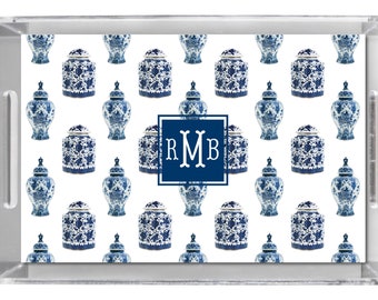 Lucite Acrylic Tray, Ginger Jar Toile Vase Blue and White Chinoiserie Pattern, Monogram or Name, Outdoor entertaining, Preppy Kitchen Decor