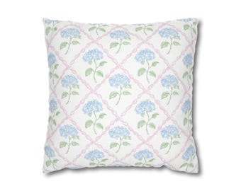 Coussin décoratif à motif d'hortensias bleus et ruban rose avec fermeture éclair - Housse seule - Garniture non incluse - ado, pré-ado, chambre d'étudiant