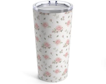 Tumbler 20oz, Floral Pattern Floral Preppy Chinoiserie Lover Gift, Pink White, Mug Cup, Gift for Her, Coffee Tumbler, Tea Cup
