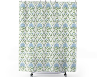 Rideau de douche à motif floral d'hortensias bleus | Rideau de salle de bain à motif botanique cottagecore pour résidence étudiante/sorcière