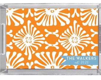 Lucite Acrylic Tray | Personalized with family name or Monogram Coastal Chic Outdoor entertaining Hostess gift Orange + White