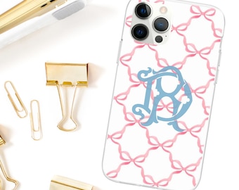 Monogrammed Phone Case Coquette Bows I Blue and White Toile Phone Case I  Initial iPhone 15 14 13 Pro Max Mini 11 I Choose color Protective