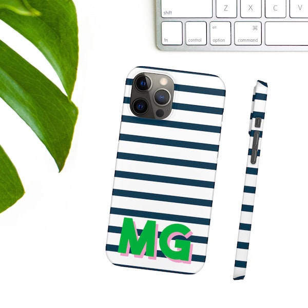 Monogram Case Personalized Navy and White Classic Preppy Stripes, Custom Initial iPhone 15 14 13 Pro Max Mini 11 Pro Max Case iPhone