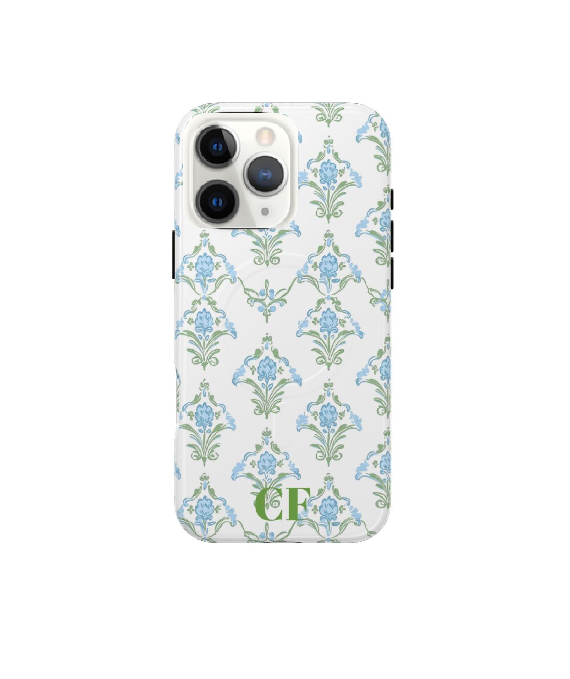Monogram Case Personalized Blue Green block print Preppy Phone Case, Custom Initial iPhone 16 15 14 Pro Max Chinoiserie Chic, Floral Pattern