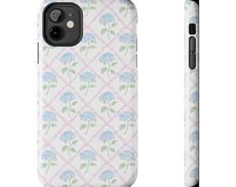 Hydrangea Blue with Pink Trellis, Lattice Pattern Garden Coastal Print Phone Case | Tough Phone Case, Double Layer