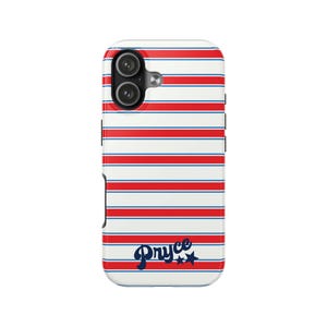 May include: A rectangular smartphone case featuring a repeating pattern of horizontal red, white, and blue stripes. The name Pryce is printed in a dark blue cursive font near the bottom, accompanied by two small dark blue stars to the right.