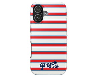 Monogram Case Personalized Coastal Nautical Stripes Script Name with stars, Preppy Phone Case Custom Initial iPhone 17 16 15 Pro Max