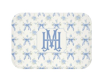 Monogram Bath Mat: Blue Floral Bow Pattern, Microfiber - 2 Sizes