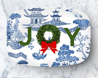 Holiday Platter JOY | Christmas Gift Toile Blue and White Chinoiserie Background I Boxwood Wreath with Red Bow in stock Ready To SHIP